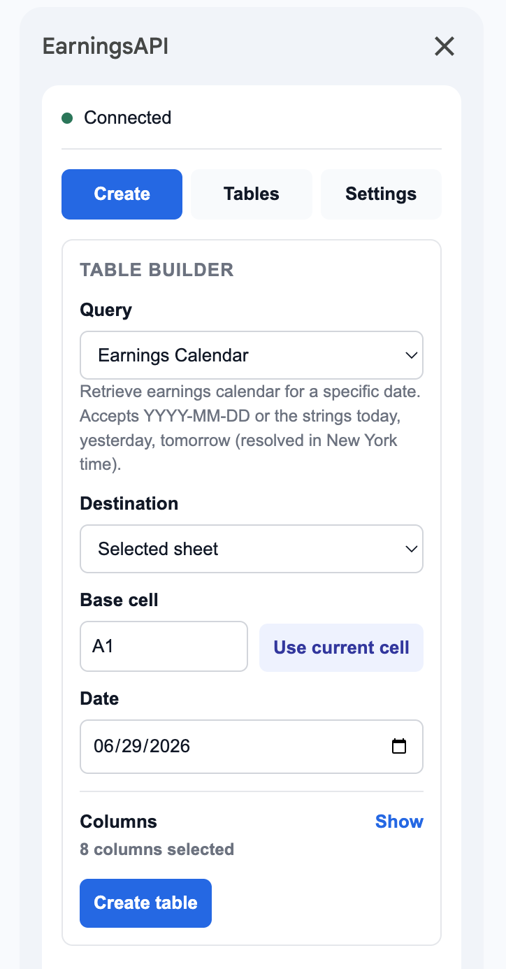 EarningsAPI Google Sheets add-on Create tab with table builder options
