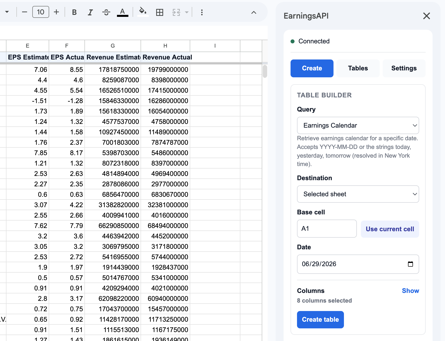 EarningsAPI Google Sheets add-on open beside a spreadsheet table