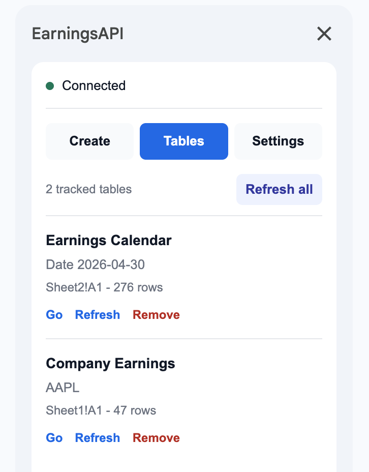 EarningsAPI Google Sheets add-on Tables tab with refresh controls