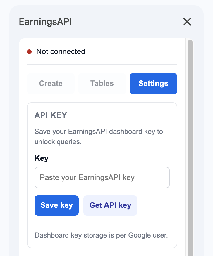 EarningsAPI Google Sheets add-on Settings tab with API key setup